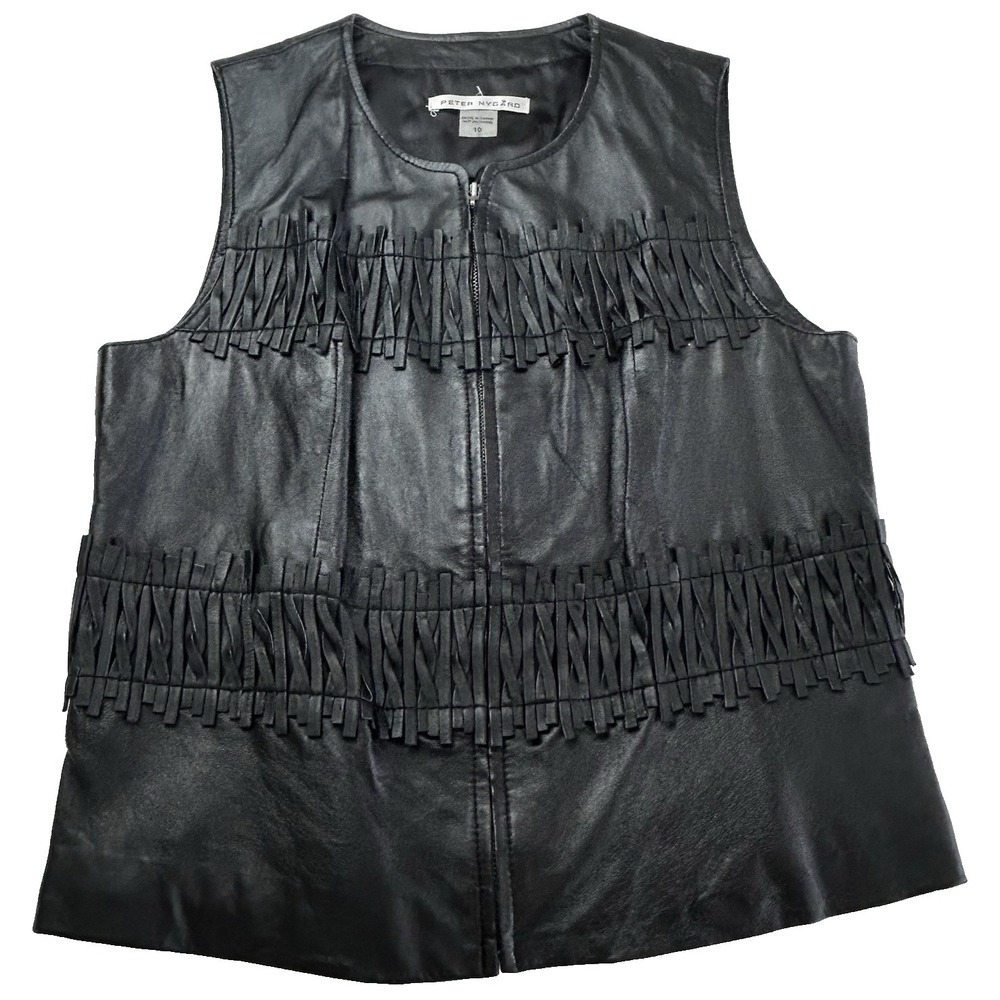 Peter Nygard Black Leather Vest Weave Cowgirl Biker Women's size 10